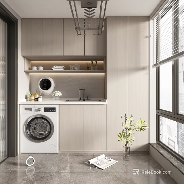 Modern Home Balcony With Washing Machine Sink Wooden Cabinets And Potted Plant Near Window 3d model 