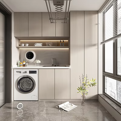 Modern Home Balcony With Washing Machine Sink Wooden Cabinets And Potted Plant Near Window 3d model