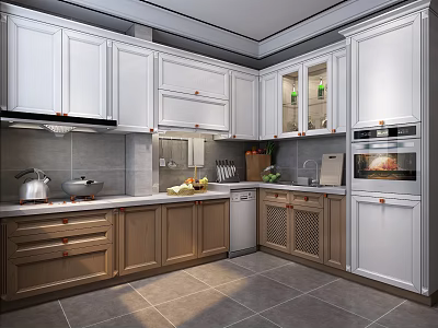 Modern Kitchen Interior Featuring White And Wooden Cabinets With Countertop And Appliances 3d model