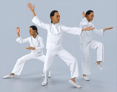 People Practicing Tai Chi in White Clothing with Various Poses on Light Gray Background 3d model