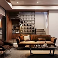Modern Living And Dining Area Interior With Sofa Coffee Table TV Unit And Wine Rack