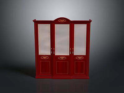 Red Wooden Cabinet with Glass Doors Ornate Top and Decorative Paneled Design 3d model