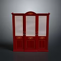 Red Wooden Cabinet with Glass Doors Ornate Top and Decorative Paneled Design