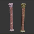 Two Red Marble Roman Columns With Ornate Carved Capitals And Classic Design