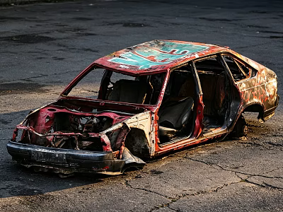 Burnt Abandoned Car With Damaged Body And Graffiti On Cracked Pavement 3d model