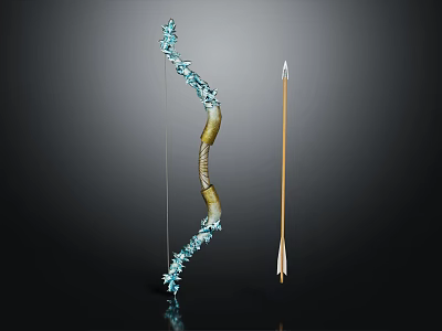 Ornate Bow With Crystal Accents Golden Frame And Wooden Arrow Metal Tip 3d model