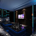 Modern Elegant KTV Room with Black Sofas Blue Lighting Coffee Tables and TV Screens