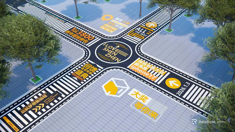 Municipal Road Intersection With Traffic Signs Direction Indicators Zebra Crossings And Trees 3d model 