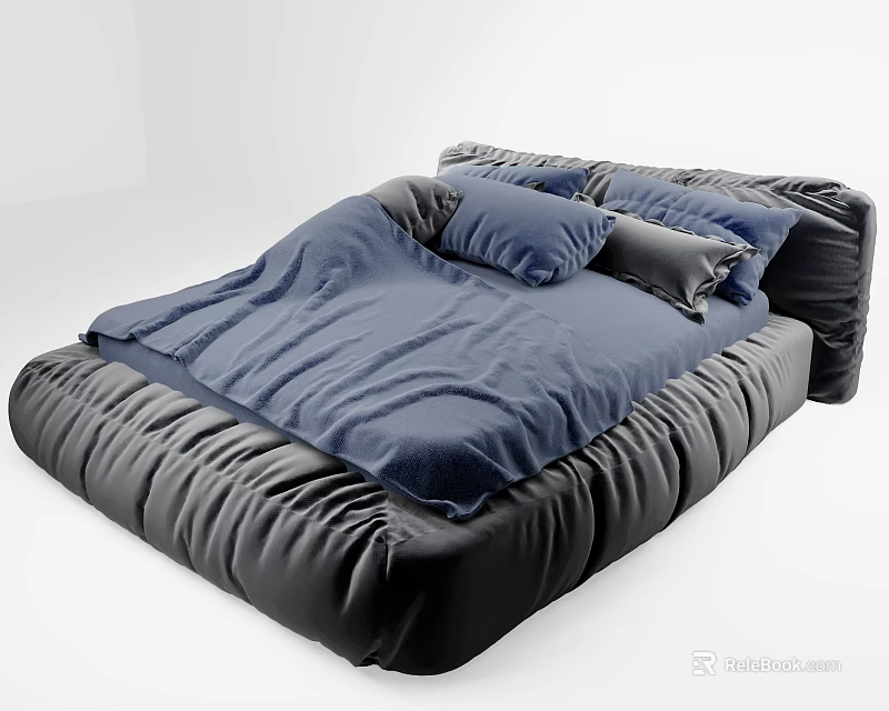 Modern Black Tufted Leather Double Bed With Blue Bedding And Plush Pillows 3d model 