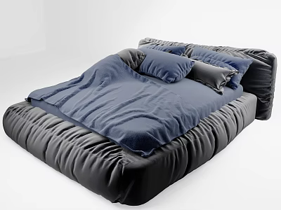 Modern Black Tufted Leather Double Bed With Blue Bedding And Plush Pillows 3d model