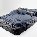 Modern Black Tufted Leather Double Bed With Blue Bedding And Plush Pillows 3d model