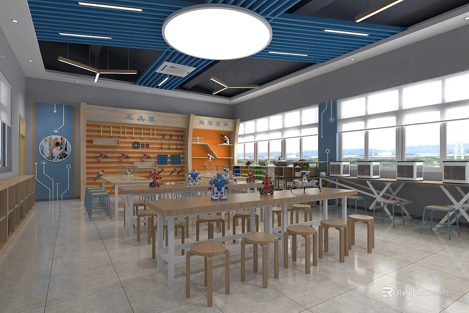 School Library Study Area With Long Tables Stools Bookshelves And Large Windows 3d model