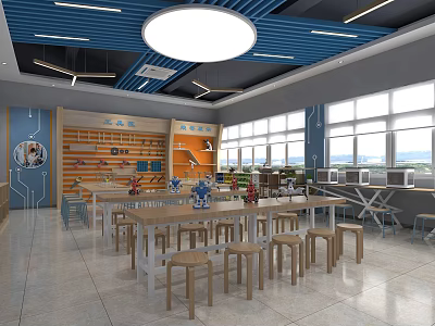School Library Study Area With Long Tables Stools Bookshelves And Large Windows 3d model