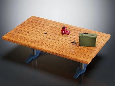 Wooden Table With Blue Legs Featuring Red Object And Green Box On Surface 3d model