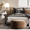Modern Bedroom Interior Design With Arch Wall Art Round Pendant Lights Pillows And Brown Ottoman
