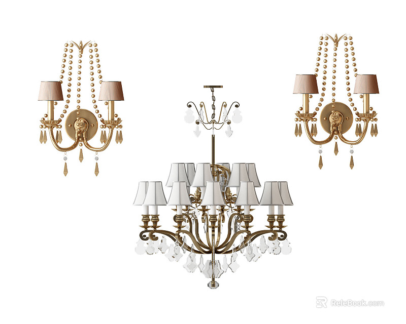 Elegant Classic Lighting Combinations With Chandeliers Wall Lamps Golden Frames And Crystal Shades 3d model 