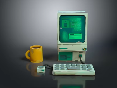 Vintage Computer Setup With Green Monitor Keyboard Mouse And Yellow Mug 3d model