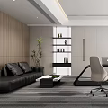 Modern Open Office Interior Design With Work Desk Sofa And Bookshelves 3d model