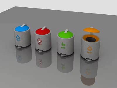Public Facility Four Colorful Trash Bins with Lids for Waste Sorting 3d model