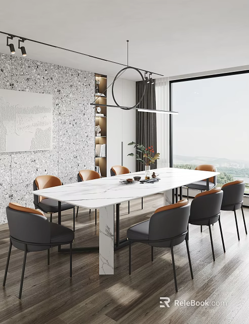 Modern Dining Table Set With White Marble Top Grey Brown Chairs And Large Window View 3d model