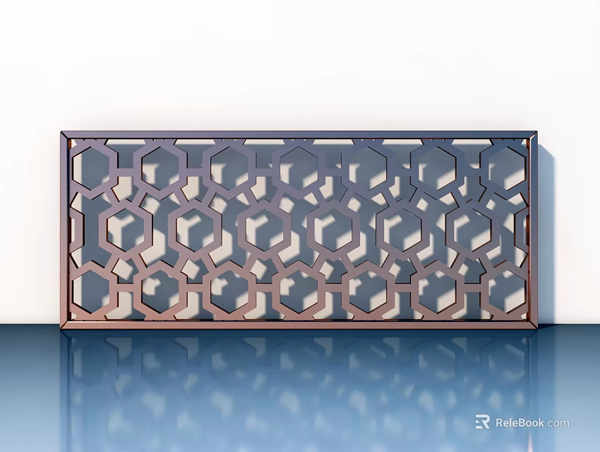 Modern Hinged Door With Geometric Hollow Pattern Brown Frame On White Wall Reflective Floor 3d model