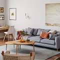 Cozy Living Room Interior With Gray Sofa Orange Cushions Wooden Coffee Table And Wicker Chair