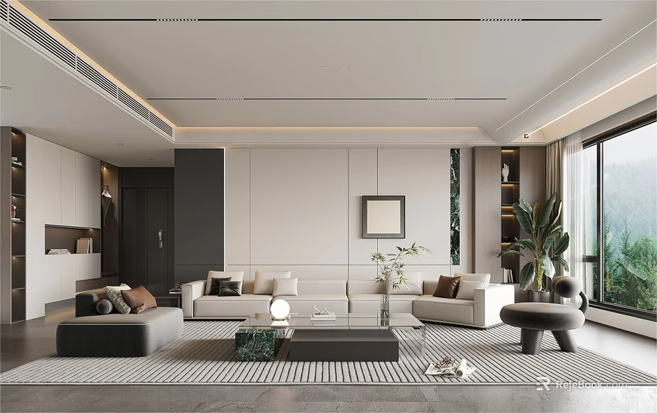 Modern Living Room Interior With Sofa Striped Rug Coffee Table Green Plants And Decorative Painting 3d model 