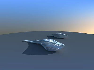 Futuristic Silver Streamlined Aircraft On Flat Ground With Blue Sky Sunset View 3d model
