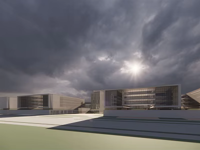 Modern Office Building Complex With Overcast Sky And Sunlight Breaking Through Clouds 3d model