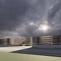 Modern Office Building Complex With Overcast Sky And Sunlight Breaking Through Clouds 3d model