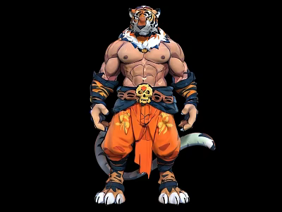 Game And Movie Character Tiger Head Humanoid Muscular Build Skull Belt Orange Pants Tiger Tail 3d model