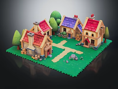 Cartoon Village Scene With Colorful Houses Red Purple Roofs Green Trees And Pathway 3d model