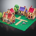 Cartoon Village Scene With Colorful Houses Red Purple Roofs Green Trees And Pathway