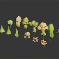 Low Poly Green And Yellow Plants With Various Shapes On Dark Reflective Background