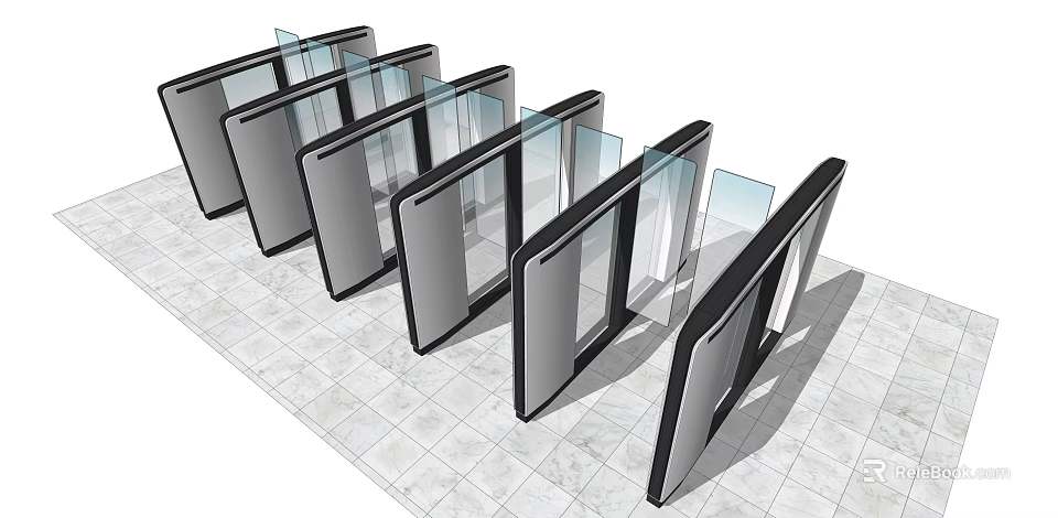 Public Facility Automatic Access Gates In Row With Glass Panels And Black Frames 3d model 