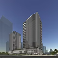 Modern High Rise Office Building With Glass Curtain Wall Urban Landscape Road Vehicles And Trees