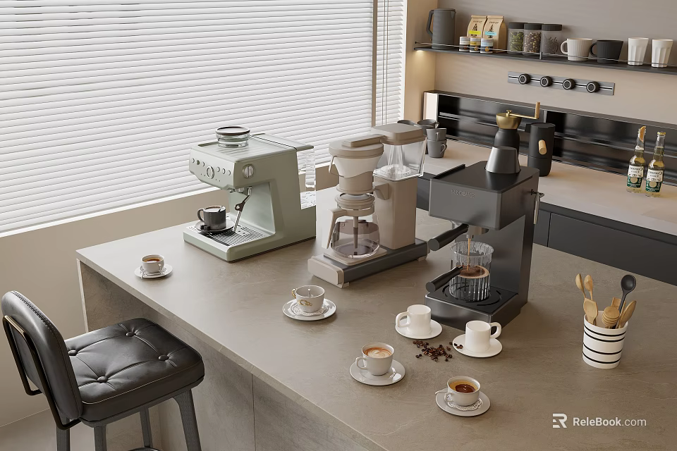 Modern Kitchen Countertop With Various Coffee Machines And Essential Kitchen Appliances 3d model
