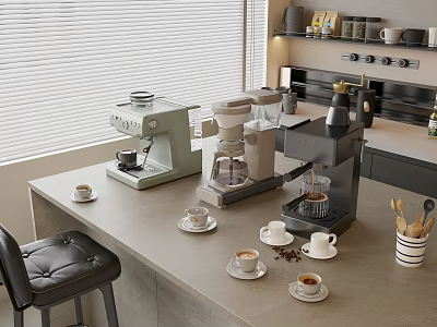 Modern Kitchen Countertop With Various Coffee Machines And Essential Kitchen Appliances 3d model