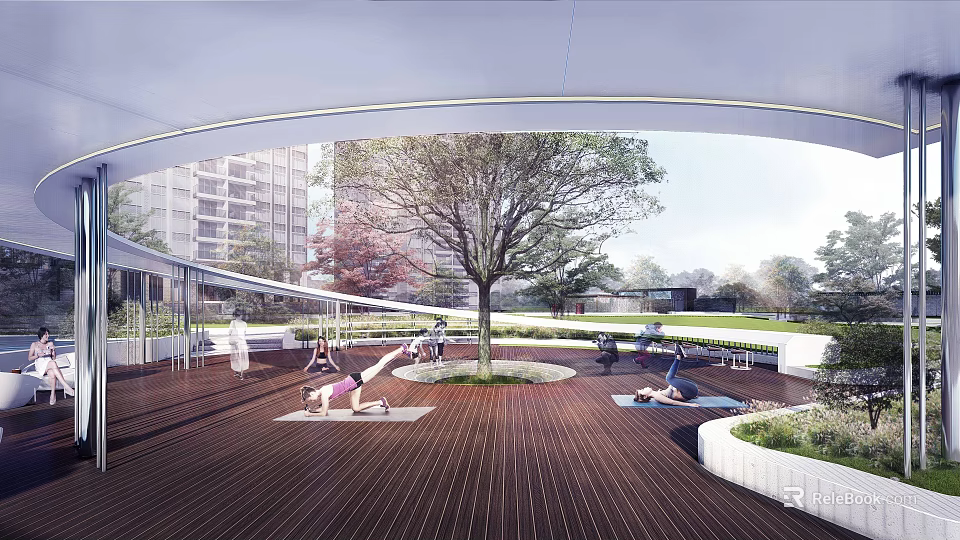 Outdoor Pergola Space For Yoga Practice With Central Tree And Wooden Deck 3d model 