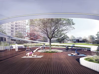 Outdoor Pergola Space For Yoga Practice With Central Tree And Wooden Deck 3d model