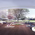 Outdoor Pergola Space For Yoga Practice With Central Tree And Wooden Deck