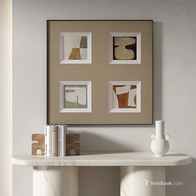 Abstract Art Paintings Above Marble Console Table With Decor Items 3d model