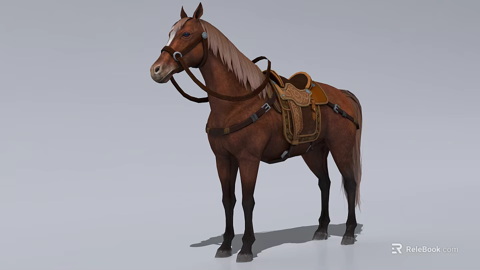 Brown Horse Standing With Saddle Bridle And Leather Riding Gear 3d model 