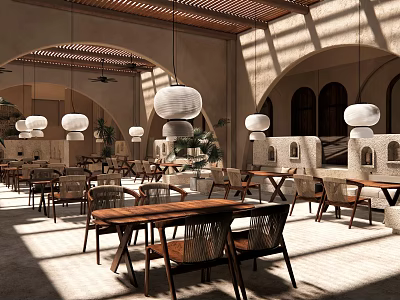 Restaurant Interior With Wooden Tables Chairs Hanging Pendant Lights Arched Doorways And Sunlight Filtering Through 3d model