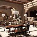 Restaurant Interior With Wooden Tables Chairs Hanging Pendant Lights Arched Doorways And Sunlight Filtering Through