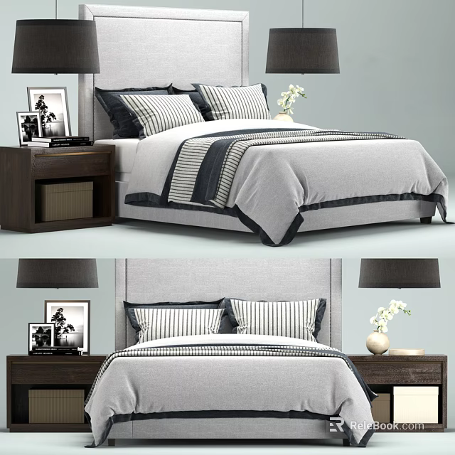 Modern Double Bed With Striped Linens Pillows Nightstand Table Lamp And Decorative Frame 3d model