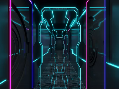 Futuristic KTV Corridor with Blue Pink Neon Lights Reflective Floor and High Tech Design 3d model