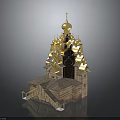 Russian Wooden Church Building with Golden Domes Cross on Top Gray Roof and Stairs Entrance