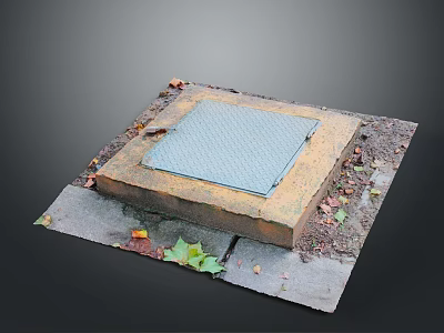 Square Metal Manhole Cover On Concrete Base With Fallen Leaves And Dirt 3d model