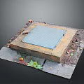 Square Metal Manhole Cover On Concrete Base With Fallen Leaves And Dirt